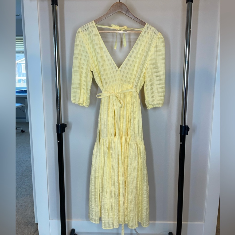 Monki Sara seersucker puff sleeve dress in yellow